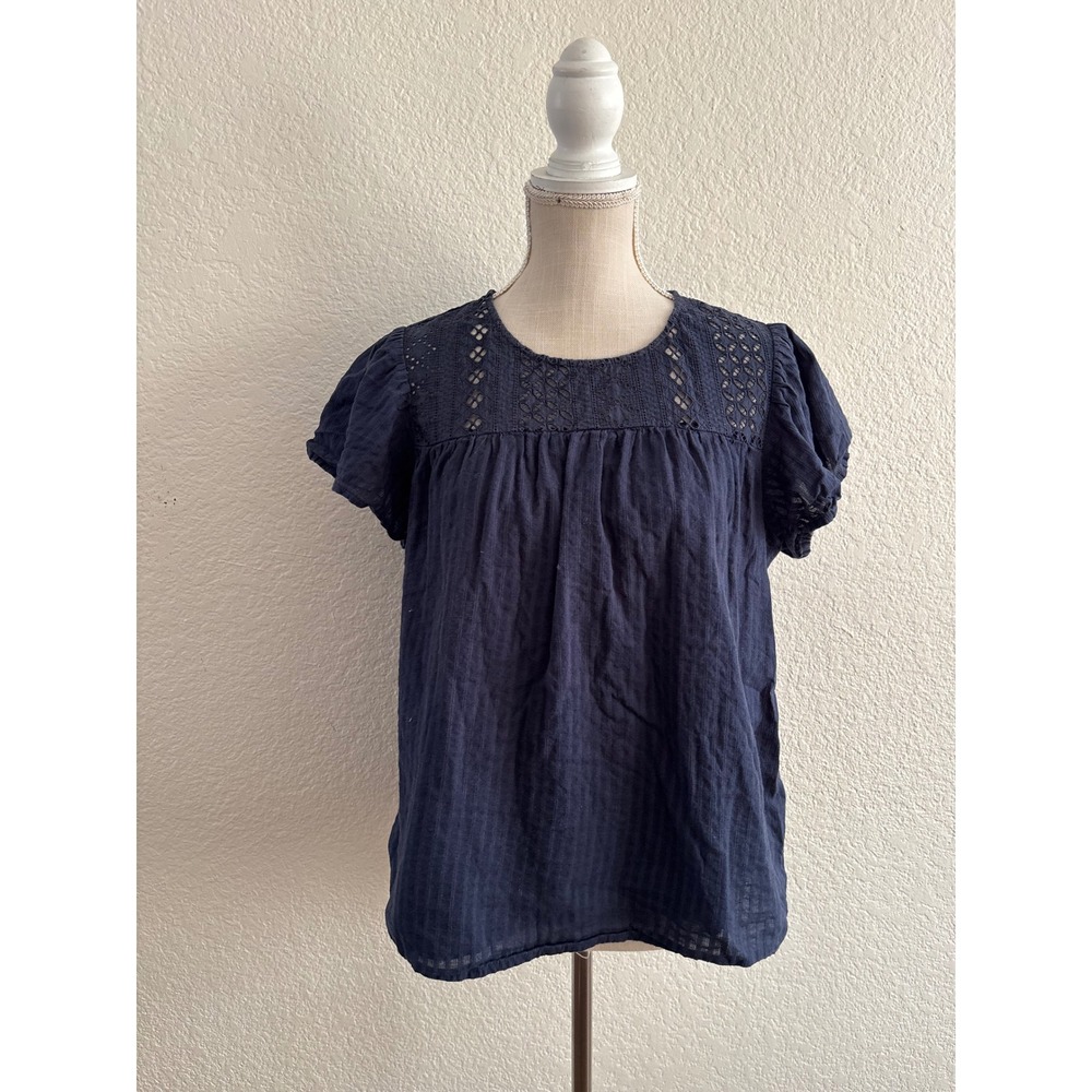 Ella Moss Blouse Size M Navy Blue Eyelet Lace Gauze Babydoll Short Sleeve Top